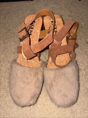 Kork-Ease Women's Tan Suede & Taupe Faux Fur Cork Mules